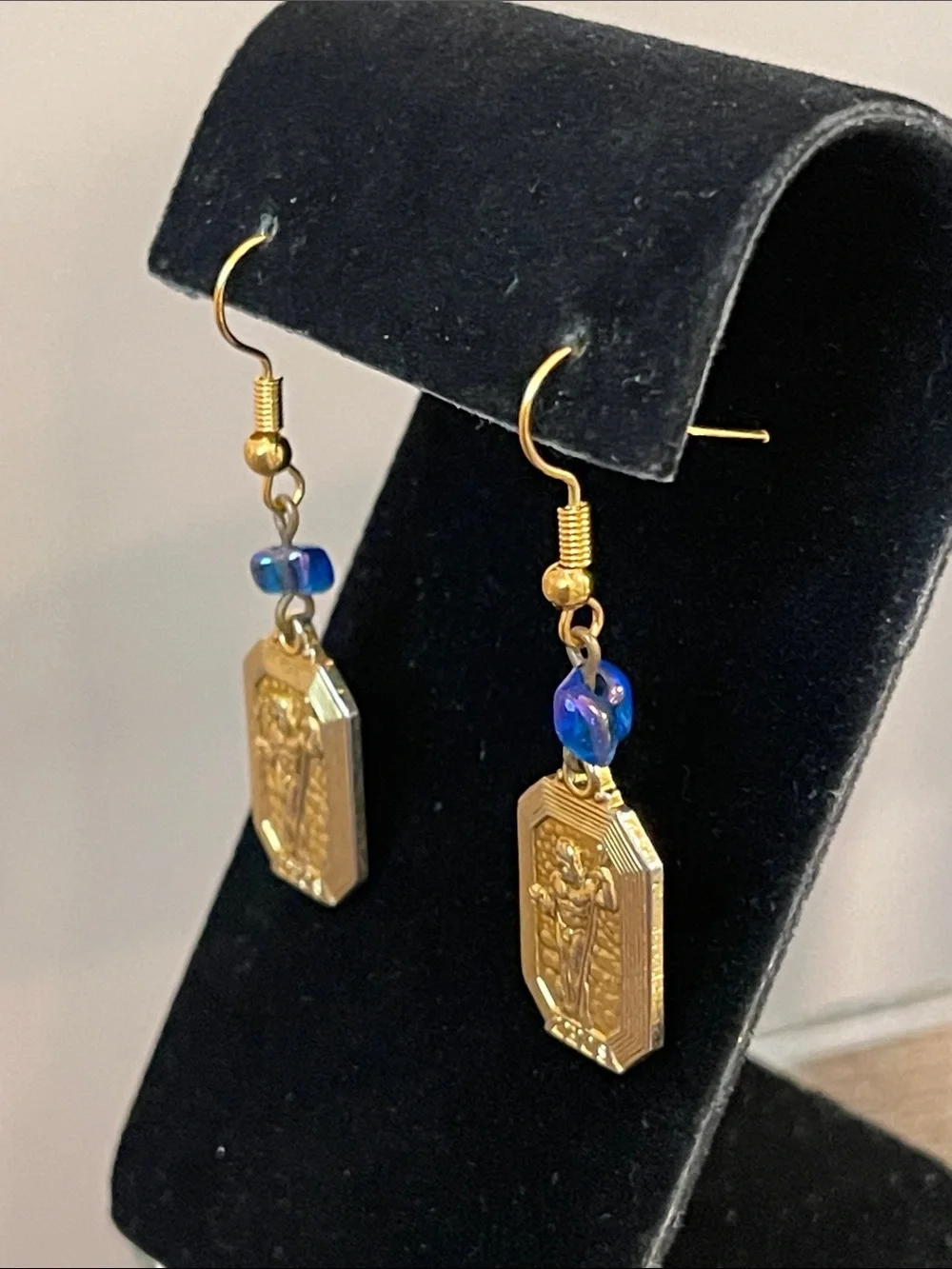 Vintage Gold-tone Rectangular Zeus Medallion Dangle Earrings